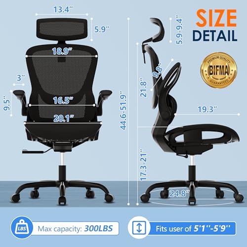 Ergonomic Mesh Office Chair, Adjustable Home Desk Chair with Folding Armrest, 2D Headrest, Soft Seat and PU Wheel, Black Swivel Task Chair for Office, Business, Student (GY1108) - color: Black