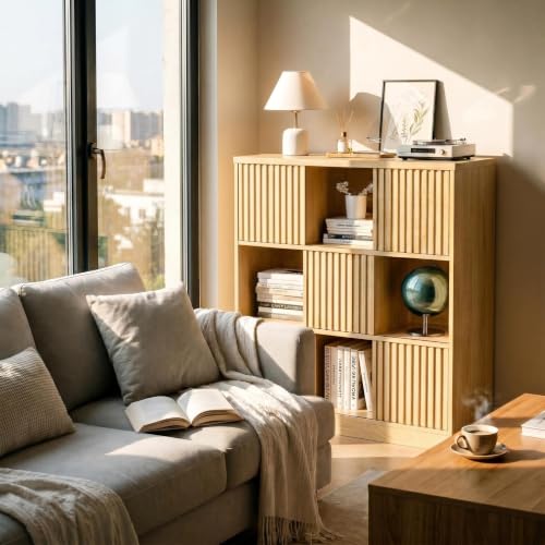 9 Cube Storage Organizer, Wooden Cube Shelves with Closed Back Panel, 3-Tier Storage with 5 Sliding Doors,Cubes Closet Organizer for Living Room,Office,Bedroom,Study,Hallway Natural Oak - color: B-natural Oak, size: 9 Cube Storage