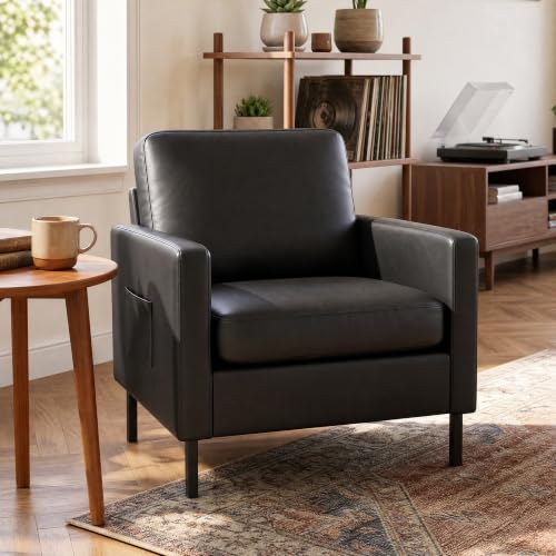 Mid Century Black Leather Mordern Accent Arm Chairs for Living Room | AODAILIHB Cloud Small Sofa With 2 Side Pockets Thick Cushion, Comfy Couch with Metal Leg for Office/Waiting Room/Bedroom/Dorm - size: 1 chair
