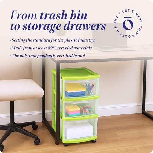 HOMZ Drawer Tower, 3-Tier Storage Cart with Removable Wheels, Bold Lime - color: Bold Lime, size: 1 Pack