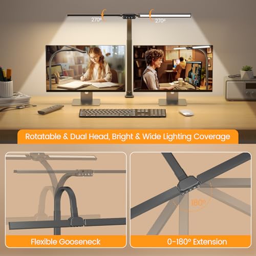 SIBRILLE Upgraded Desk Lamp for Home Office - Dimmable Computer Desk Light with Remote, Modern Architect Task Lamp with Color Changing, Flexible Desktop Lamp with Gooseneck for Monitor, Double Head - color: Matte Black