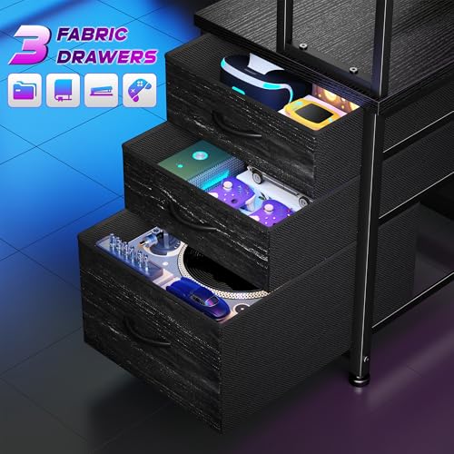 DurayLoly 55" L Shaped Gaming Desk with 3 Fabric Drawers & Shelves - color: Black, size: 18.9"D x 55.1"W x 59"H