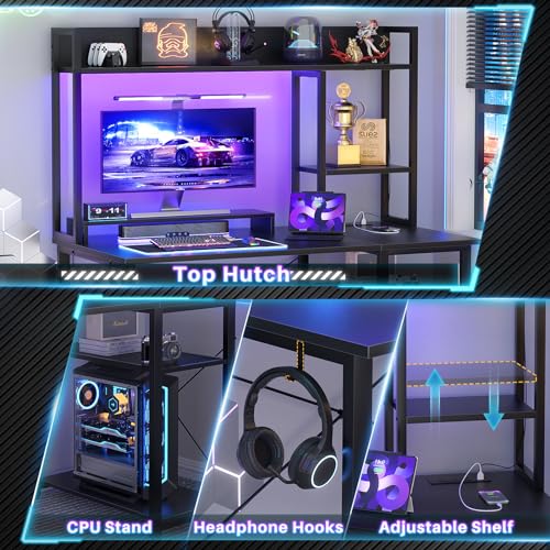 Cyclysio Gaming Desk with Hutch, 39'' Computer Desk with LED Lights & Power Outlets, Home Office Desk with Reversible 5 Tiers Storage Shelves & Monitor Stand, Small Gaming Table for Small Space, Black | Home Office Desk with LED Lights & Power Outlets, Co