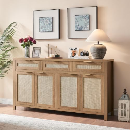 HOKYHOKY 63" Rattan Sideboard Buffet Cabinet, Boho Storage Cabinet - color: Rustic Oak, size: 63-Inch