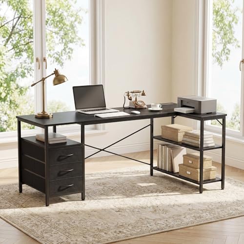 Alpen Computer Desk with Drawers, L Shaped Desk for Bedroom with Power Outlets, Gaming Table with 3 Drawers and Shelves, Corner Desk for Gaming, Study Writing PC Table, 47 Inch, Black - color: Black, size: 47 Inches Without Led Lights