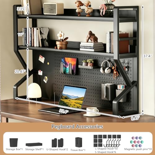 Desk Shelf, 2-tier Desktop Organizer Desk Hutch Storage Rack with Hole Plate Multi-Functional Workstation Organizer Bookcase Computer Desk for Home Office Dorm Top of Desk ( 37.4" Lx9.9" Wx39" H) - color: Black, size: 37.4" Lx9.9" Wx39" H