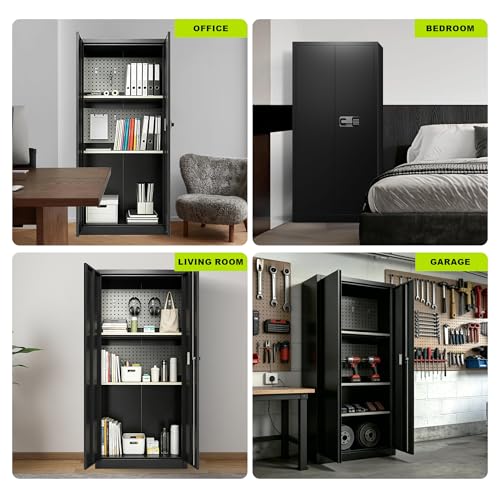 70.08’’ Dual Smart Lock Garage Storage Cabinet with Digital Keypad, Tall Metal Storage Cabinet with Hooks and Adjustable Shelves, Locking File Cabinet, Locking Cabinet for Garage Office Pantry