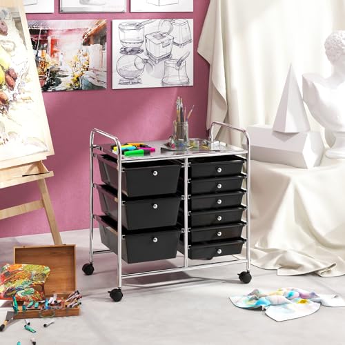 RELAX4LIFE 9 Drawer Rolling Storage Cart - Mobile Drawer Carts for Craft Art Supply Paper Salon, Utility Cart on Wheels for Classroom Teacher School Office, Rolling Cart with Drawers (Black) - color: Black, style: 9 Drawers