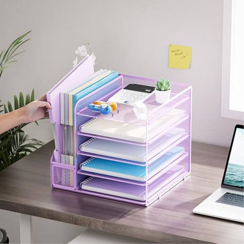 Marbrasse Desk Organizers and Accessories, 5-Tier Paper Letter Tray Organizer with File Holder, Mesh File Organizer, Office Desk Accessories & Organization for Supplies (Purple) - color: Purple