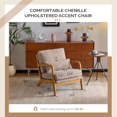 VINGLI Chenille Mid-Century Modern Accent Chair Set of 2, Cute Reading Arm Chair with Cushion & Lumbar Pillow & Solid Wood Frame for Lounge, Living Room, Reading Room, Bedroom, Light Khaki - color: Light Khaki