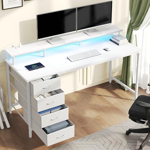 DUMOS 40-Inch Gaming Desk with Power Outlets and LED Lights, White