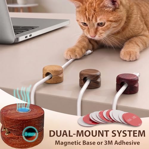 8 Pack Magnetic Cable Clips, Wooden Desk Cable Organizer and Cord Holder, Dual Mount N35 Magnet or 3M Adhesive, Cable Management for Phone Charger, USB-C and Laptop Cords