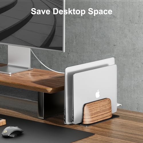 UPERGO Vertical Laptop Stand, Dual Slot Wooden Laptop Holder Vertical for Desk, Width Adjustable Dock for MacBook Pro and Other Laptops | Solid Walnut & Aluminum, Width Adjustable 0.47"-1.1", Anti-Scratch Silicone Pads, Handcrafted