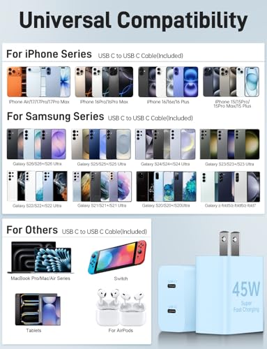 45W iPhone 17 16 15 Charger Fast Charging, 2 Pack Dual Port USB C Charger - color: Blue, size: 2pack-(3+6+6+10)ft