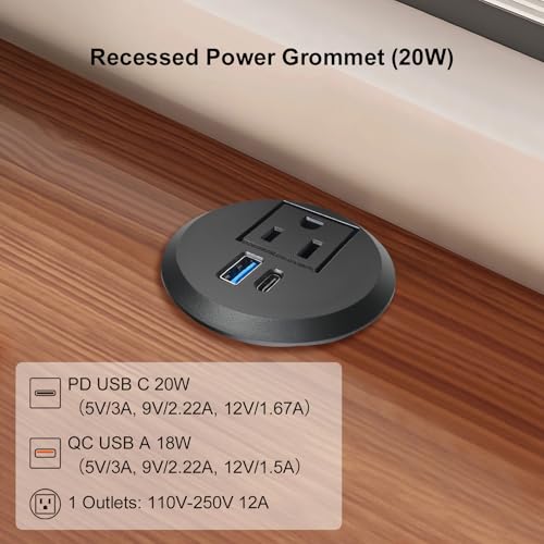 20W USB-C Fast Charge Recessed Power Grommet, 2 inch Flush Mount Desk Outlet with 6.5 FT Extension Cord, Space-Saving Countertop Power Strip for Home Office School Hotel - color: Black, size: 2 inch 20W