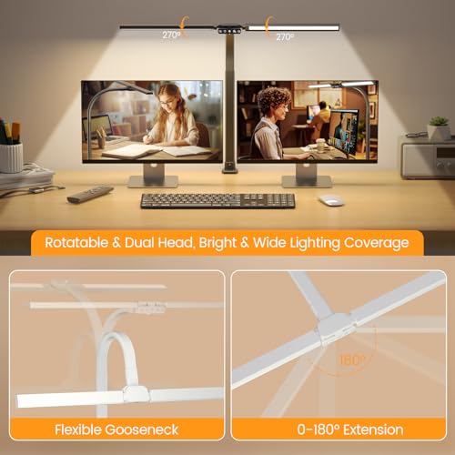 SIBRILLE Upgraded LED Desk Lamp for Home Office with RGB, Rotatable Computer Desk Light with Remote, Tall Table Lamp with Clamp for Working, Dimmable Dual Head Task Lighting for Monitor PC, 22W - color: White RGB