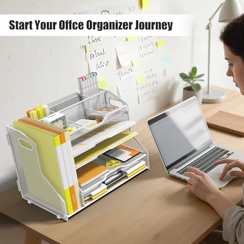 YINGHUA 5-Tier Mesh Desk Organizer and File Holder, Letter Tray - White - color: 5 Tier With File Holder-white