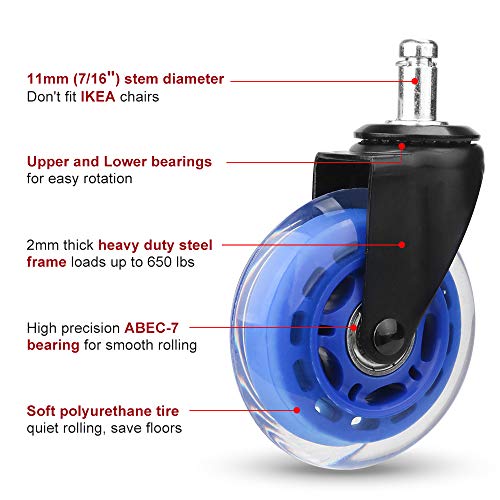Office Chair Caster Replacement Wheel for Hardwood Floor and Carpet, Heavy Duty Universal Floor Safe Caster Set of 5,Rubber Wheels Office Chair to Replace Office Chair mats,fits 98% Chairs - color: Blue