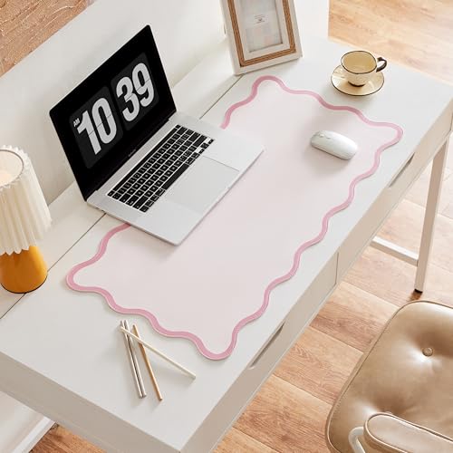 Scalloped Desk Mat, 31.5" x 15.7", PU Leather, Waterproof Anti-Slip, Cute Aesthetic Desk Pad for Office/Home/Game/Vanity (Pink, 31.5 X 15.7) - color: Pink