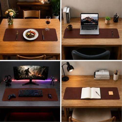 Leather Desk Mat & Mouse Pad - Desk Blotter Large 31.5X 15.8in | Desk Pad Protector for Office Desk, Non-Slip Waterproof PU Leather Desk Blotter & Writing Pad, Red Brown