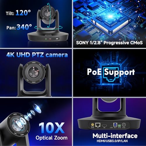 PTZ Camera 4K UHD with 10X Optical Zoom,Video Conference Room Camera,Live Streaming for Church Worship,USB HDMI IP POE Work with Vmix,Zoom,OBS,YouTube,Facebook Livestream
