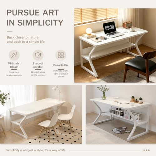 Office Desk with Storage Shelf - 55.1" Computer Writing Desk - color: Black, size: 55.1 x 19.7