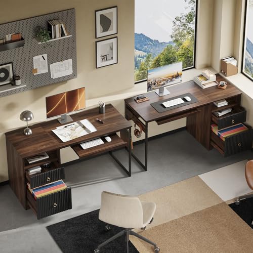 Bestier 55 Inch Wood Computer Desk with File Drawer & Keyboard Tray, Cherry | Fluted Panels, Ring Handles, File Drawer Letter/Legal, Storage Drawer, Keyboard Tray, Reversible, 2 Hooks, 150 Lbs, P2 Board - color: Cherry, size: 55 Inch