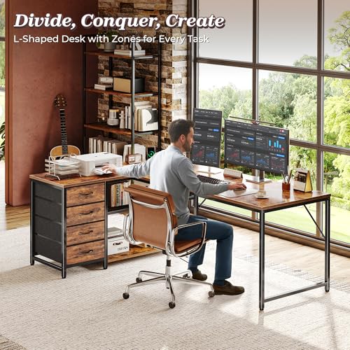PRAISUN 61" L Shaped Desk with Power Outlets & 4 Drawers | Reversible Computer Desk with 2 Storage Shelves, Large Corner Office Desk for Gaming Writing Work Study, Rustic Brown - color: Rustic Brown, size: 61 Inch