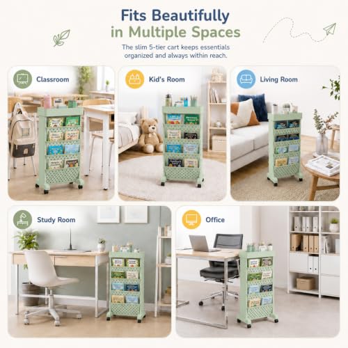5-Tier Rolling Bookshelf Cart with Wheels, Green - color: Green, size: 5-Tier 26"H