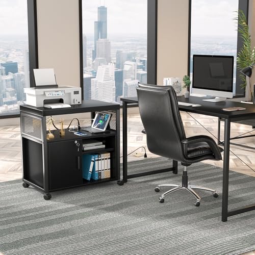 Unikito Lateral File Cabinet, Locking Office Printer Stand with Sockets and USB Charging Ports, Modern Rolling Printer Desk with Storage for A4, Letter Size and File Folders, Black - color: Black