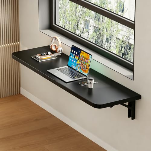 Wall Mounted Folding Table, 32 in Fold Down Floating Desk for Small Space - color: Black, size: 32 in