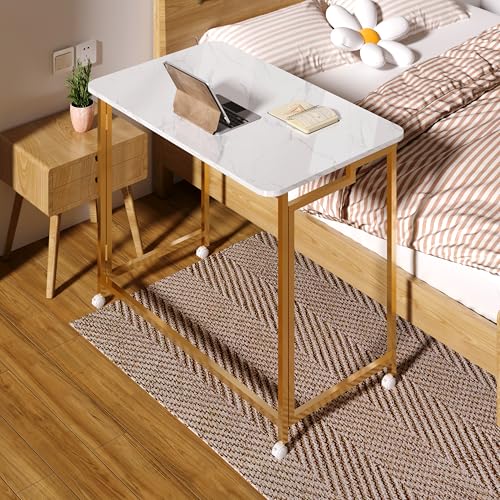 4NM 31.5" Mobile Small Rolling Computer Desk, Folding Laptop Cart Table with Wheels, Portable Office Desk for Small Space Couch Bed - White and Golden - color: White and Golden, size: 31.5"