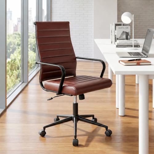 Okeysen Leather Office Desk Chair, Mid-Century Modern Leather Conference Room Chairs, Ergonomic Executive Ribbed Height Adjustable Swivel Rolling Chair for Home Office. - color: Reddish Brown