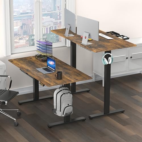 SHW 55 x 28 Electric Height Adjustable Standing Desk w/Drawer,Rustic Brown - color: Rustic Brown, size: 55-Inch
