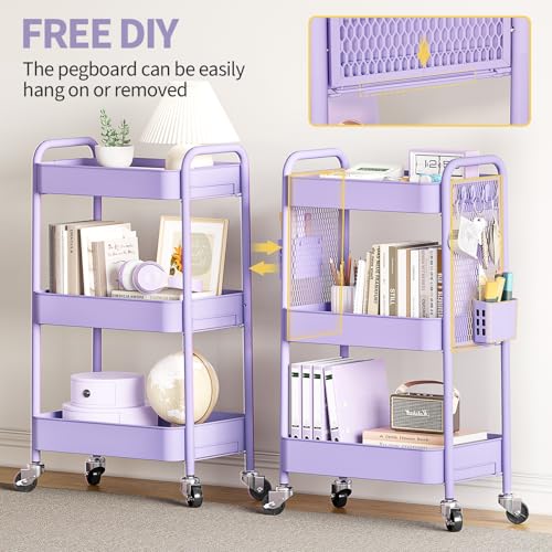 TOOLF 3 Tier Rolling Cart Storage Organizer, Metal Rolling Utility Cart with Wheels, Hooks & Bins Esthetician Craft Art Sturdy Storage with Pegboard for Bathroom, Kitchen, Office, Nursery Diaper - color: Purple, size: 3-Tier