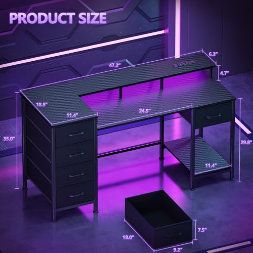 Korfile 47 Inch Computer Gaming Desk with Power Outlets & LED Lights Reversible Home Office Desk with Adjustable 5 Fabric Storage Drawers for Working Writing Study, Carbon Fiber Black - color: Carbon Fiber Black, size: 47 Inch