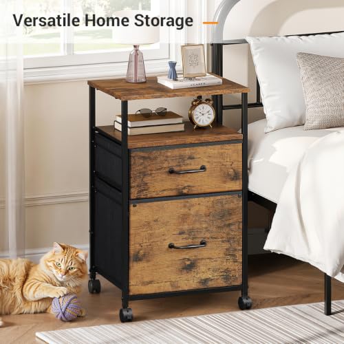 DEVAISE 2 Drawer Mobile File Cabinet, Fabric Vertical Filing Cabinet - color: Rustic Brown Wood Grain Print