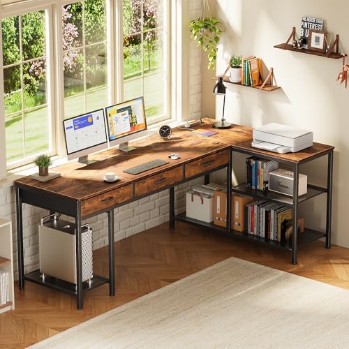 PRAISUN 63 Inch L Shaped Office Desk with Power Outlets and Type-C Port, Large Computer Gaming Desk with 3 Fabric Drawers, Mesh Shelves, Corner Study Work Writing Desk, Rustic Brown - color: Rustic Brown, size: 63inch