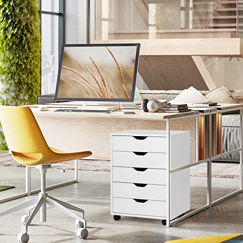 5 Drawers File Storage Cabinet, 26.5" Vertical Filling Cabinet for Home Office, Under Desk Office Drawer Organizer, Universal & Lockable Casters, Rolling Printer Storage Rack (White) - color: White, size: 19” x 16” x 26”