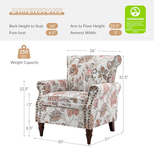 HULALA HOME Traditional Floral Accent Chair with Solid Wood Legs, Pink | Comfy Upholstered Armchair Reading Chair with Rolled Armrests, Nailhead Trim, Removable Cushion, for Living Room Bedroom - color: Pink