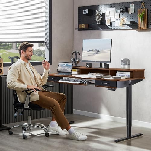 WALKINGDESK 63 Inches Electric Standing Desk with Keyboard Tray, Height Adjustable Sit to Stand Table with 2 Drawers, Ergonomic Home Office Desk with Storage Shelf, Computer Table, Black Walnut - color: Black Walnut, size: 63x24