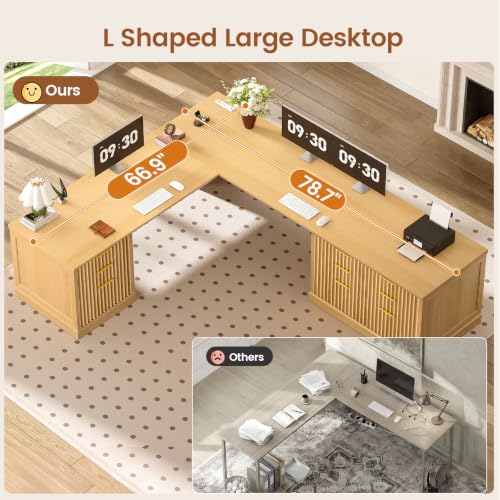 SEDETA Fluted 78.8" L Shaped Desk with 6 Drawers, Fluted Oak - color: Fluted Oak, size: 78.8" L Shaped Desk