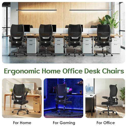 Office Chair Ergonomic Desk Chair - Comfy Mesh High Back Office Chair with Lumbar Support Wheel Home Desk Office Chairs Flip up Armrest Executive Rolling Swivel Task Computer Chair Black Silver