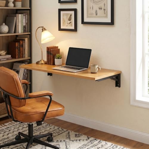 Need 36x20IN Wall Mounted Folding Table for Office Laundry Teak - color: Teak Color Desktop & Black Folding Shelf Brackets, size: L36" * W20"