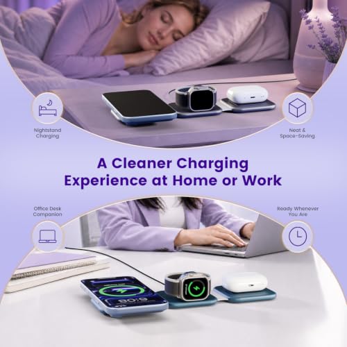 15W Magnetic Travel Charging Station, 3-in-1 Foldable MagSafe Charger - color: Navy Blue