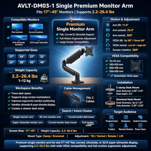 AVLT Single 17"-45" Monitor Arm Desk Mount Premium - White - color: White