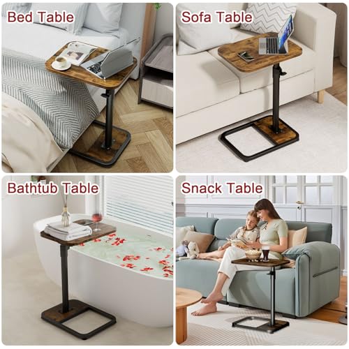 GOYLSER C-Shaped Tables Small Swivel End Table, Height Adjustable Side Tables Living Room, Rotating Snack Couch Wooden Tv Trays for Eating On Couch, Rustic Brown - color: Rustic Brown, style: Standard