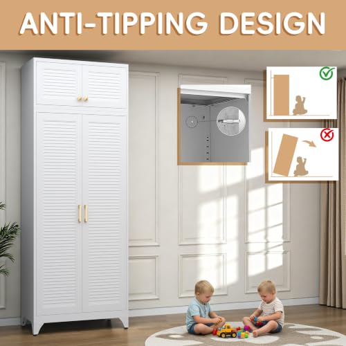 Steeloong 86"Armoire Wardrobe Close,Metal Wardrobe Cabinet with Hanging Rod | White Closet Cabinet with Doors and Adjustable Shelves,Freestanding Clothing Storage Cabinets for Bedroom Office,Gym,Hospital - color: White, style: 86"H Wardrobe