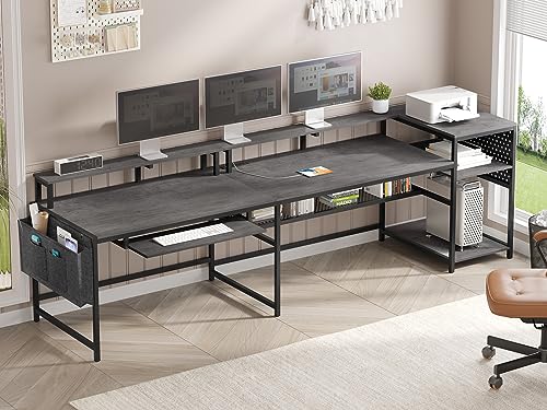 SEDETA L Shaped Gaming Desk, Convertible 96" Home Office Desk or Corner Desk, L Shaped Table with Power Outlets & LED Strip, Monitor Stand, Keyboard Tray, Pegboard and Storage Shelves, Grey - color: Grey