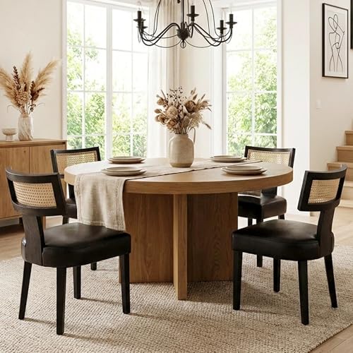 HNY Mid Century Modern Rattan Dining Chairs Set of 2, Farmhouse PU Leather Upholstered Accent Chair Curved Backrest Kitchen Chairs, with Black Hardwood Frame, Black - color: Black Rattan